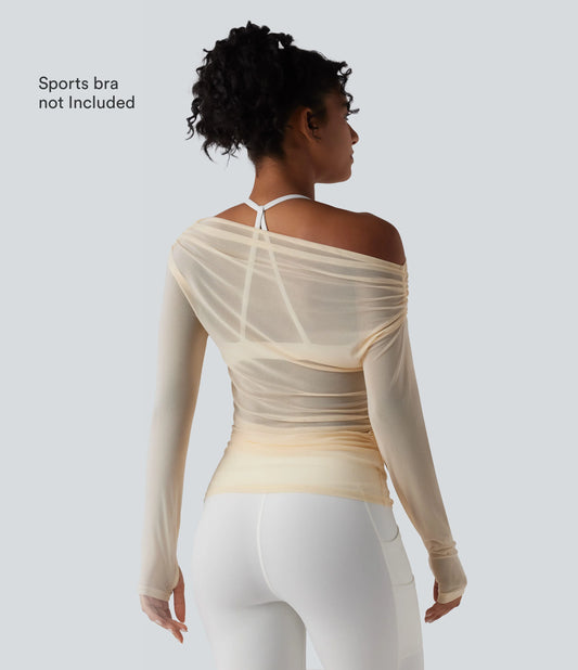 One Shoulder Long Sleeve Thumb Hole Mesh Yoga Sports Top