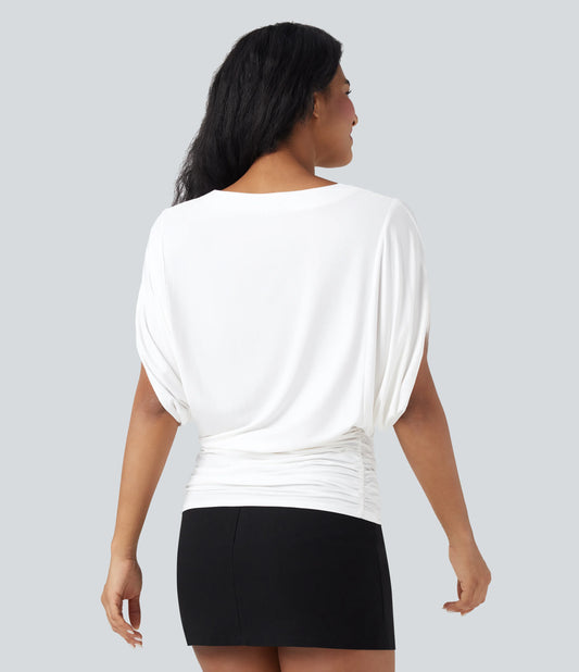 Deep V-neck Batwing Sleeve Ruched Casual Top