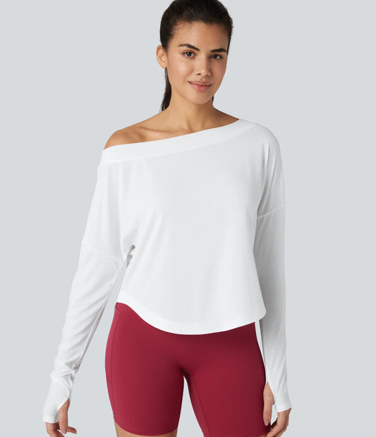 One Shoulder Long Sleeve Thumb Hole Curved Hem High Low Quick Dry Yoga Sports Top