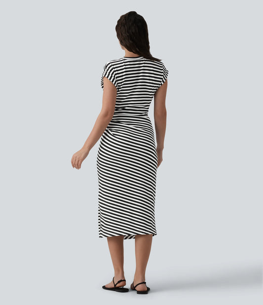 Round Neck Short Sleeve Asymmetrical Split Hem Stripes Waffle Casual Midi T-Shirt Dress