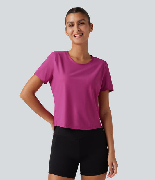 Round Neck Short Sleeve Contrast Mesh Yoga Sports Top