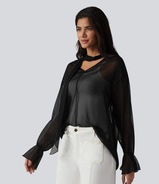Sheer V Neck Long Sleeve Work Shirt