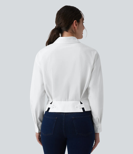 Collar Long Sleeve Adjustable Cinched Waist Work Shirt