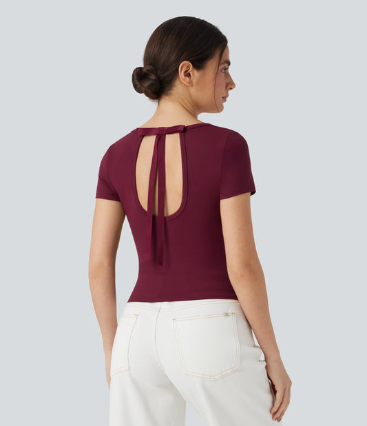 Scoop Neck Short Sleeve Bow Cropped Casual Top