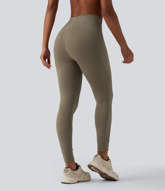 High Waisted Drawstring Plain Yoga 7/8 Leggings with Pockets