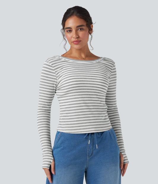 Boat Neck Long Sleeve Thumb Hole Stripe Casual Top