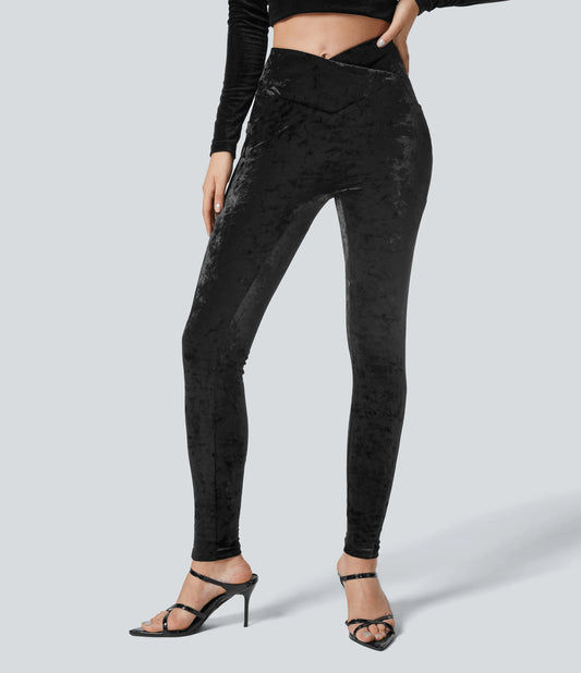 High Waisted Crossover Pocket Velvet Casual 7/8 Leggings