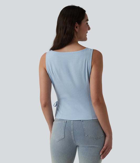 Boat Neck Tie Side Casual Linen-Feel Tank Top