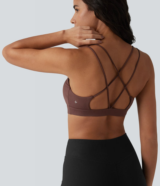 Ribbed Knit Low Support Square Neck Built-in Bra Yoga Sports Bra-UPF40+