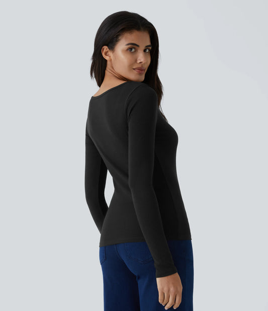 Ribbed Scoop Neck Long Sleeve Slim Casual Top