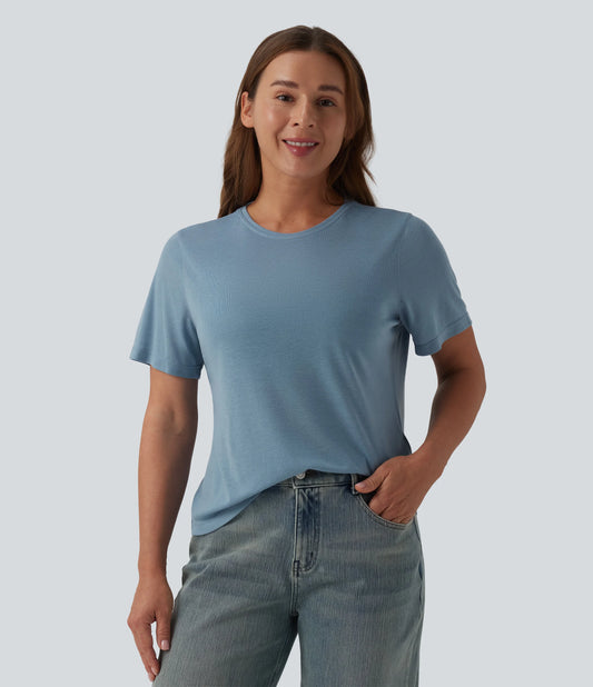 Round Neck Short Sleeve Relaxed Casual Wool-Blend T-Shirt