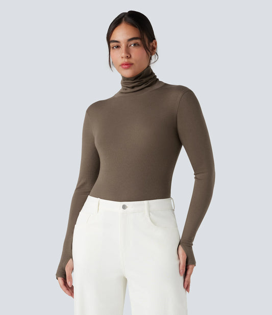 Mock-neck Long Sleeve Thumb Holes Slim Fit Casual Wool-Blend Tops