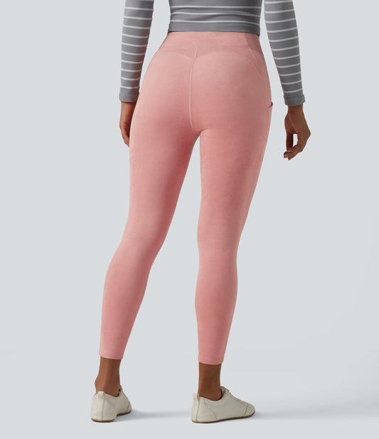 High Waisted Suede Casual Leggings with Pockets