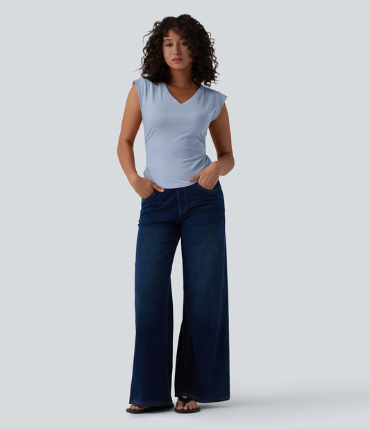 V Neck Cap Sleeve Curved Hem Ruched Casual T-Shirt