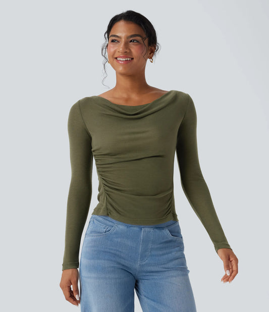 Cowl Neck Long Sleeve Ruched Casual Wool-Blend Top