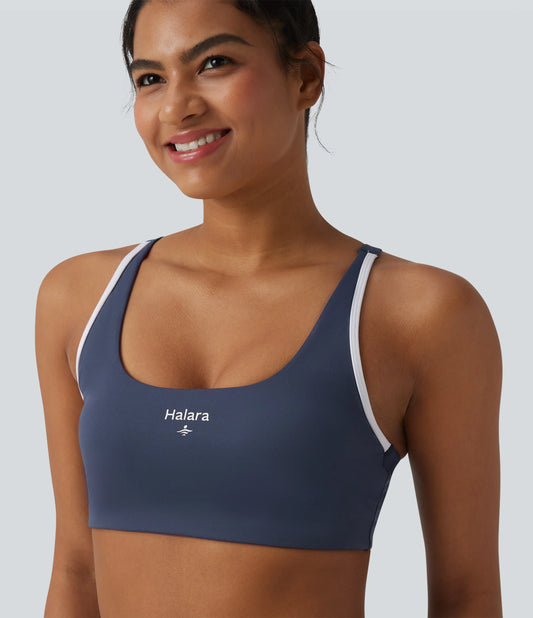Low Support U-Neck Cut-out Color Block Letter Print Built-in Bra Yoga Sports Bra