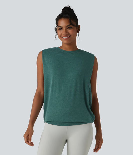 Round Neck Ruched Heathered Yoga Tank Top