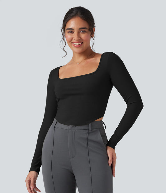 Ribbed Knit Square Neck Long Sleeve Curved Hem Work T-Shirt