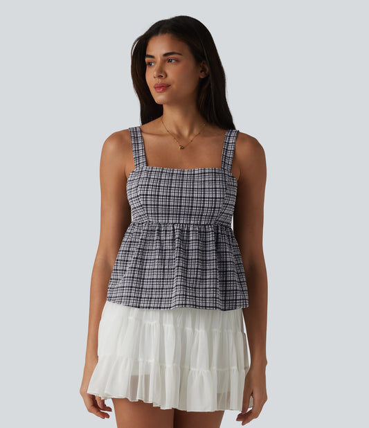 Square Neck Tie Back Plaid Quick Dry Casual Tank Top