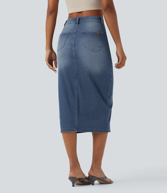 Halara Flex™ Asymmetric Mid Rise Split Bodycon Denim Casual Skirt with Pockets