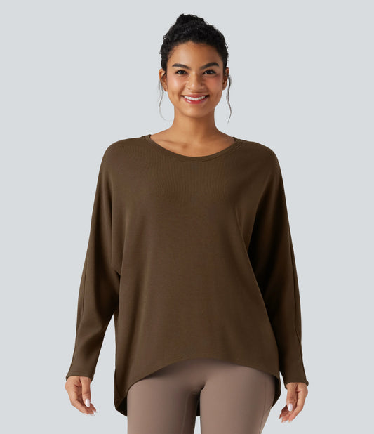 Scoop Neck Long Sleeve High-Low Oversized Thermal Casual Top