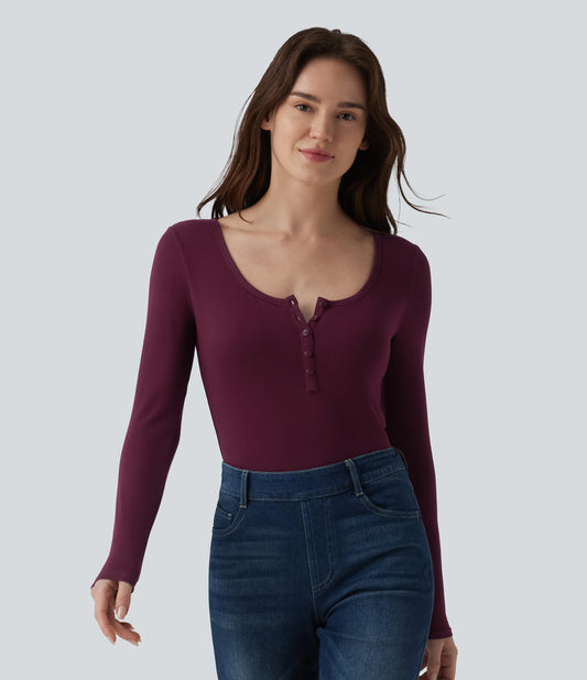 Ribbed Henley Neck Long Sleeve Slim Casual T-Shirt