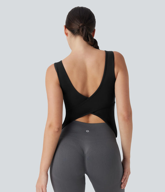 U Neck Crossover Yoga Tank Top-Longer Length DD-F Cups