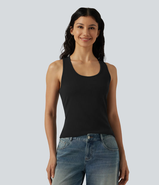 Ribbed Knit U-Neck Crossover Cut-Out Back Curved Hem Casual Tank Top