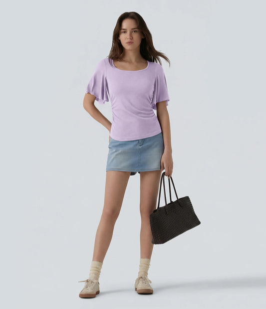 Ribbed Square Neck Butterfly Sleeve Ruched Casual T-Shirt