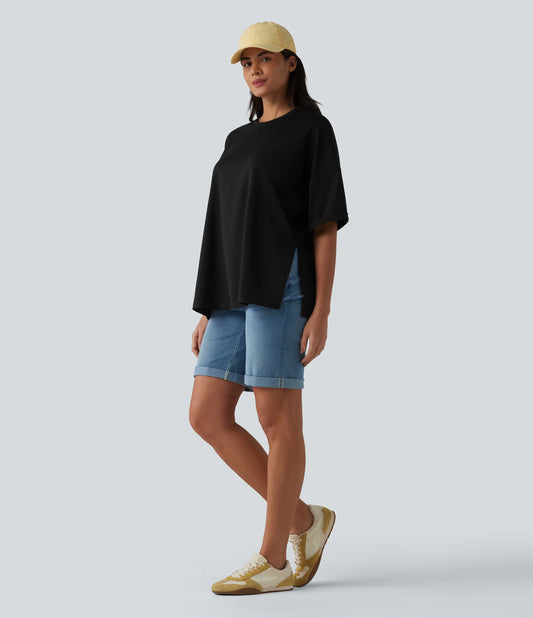 Round Neck Rolled Sleeve Split Hem Relaxed Casual T-Shirt
