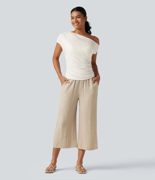 Ribbed One Shoulder Short Sleeve Ruched Built-in Bra Casual T-Shirt