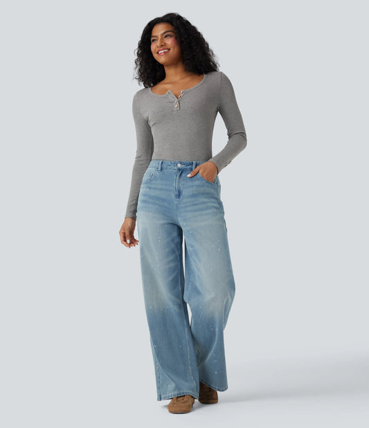 Ribbed Knit Henley Long Sleeve Slim Casual Top