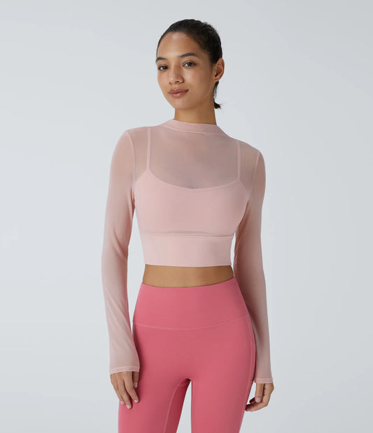 Contrast Mesh Long Sleeve 2-in-1 Cropped Yoga Sports Top