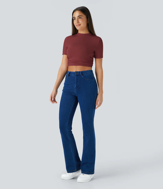 Round Neck Short Sleeve Ruched Skinny Cropped Casual T-Shirt