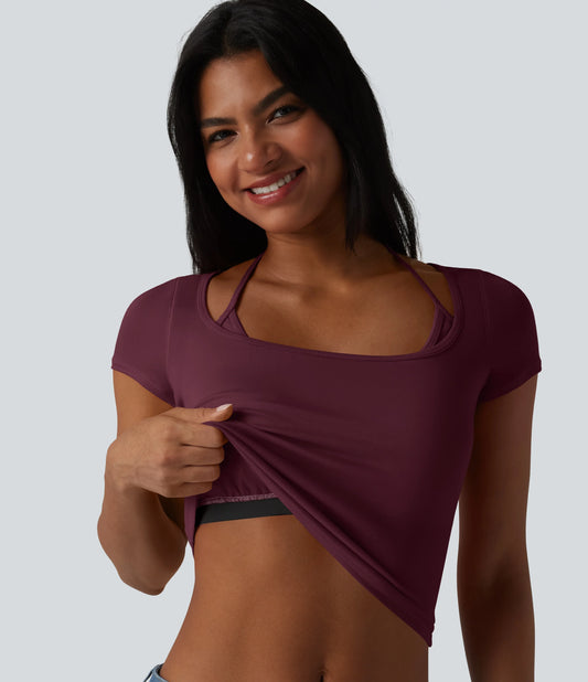 Ribbed Halter Tie Back Built-in Bra Short Sleeve Cropped Casual T-Shirt