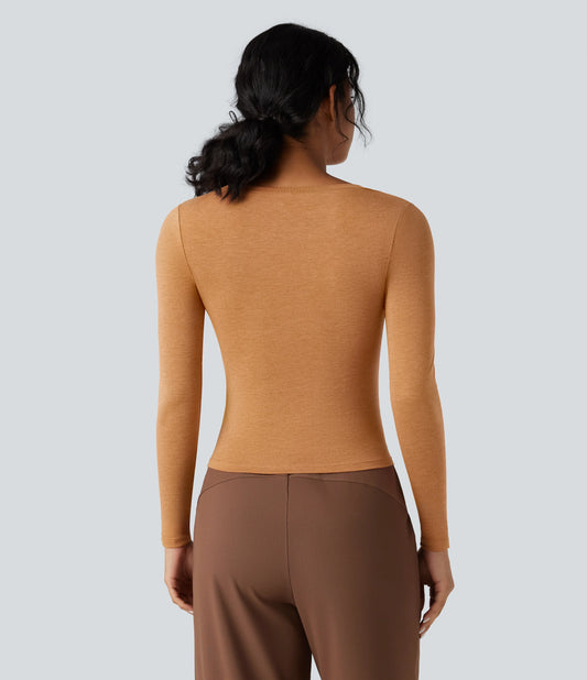 Round Neck Long Sleeve Asymmetric Hem Work T-Shirt