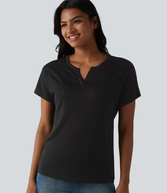 Semi Sheer V-neck Short Sleeve Lyocell Casual T-Shirt