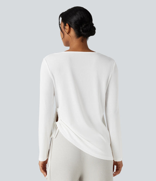 Deep V-neck Long Sleeve Drawstring Hem Casual Top