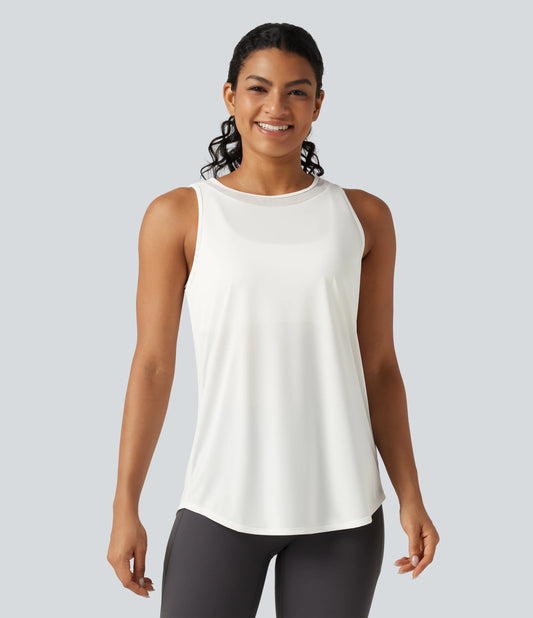 Contrast Mesh Curved Hem Running Tank Top-Longer Length