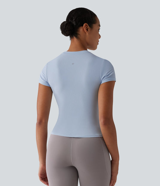 Ribbed Knit Round Neck Short Sleeve Workout Sports Top
