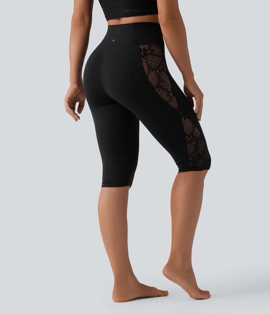 SoftlyZero™ High Waisted Crossover Contrast Lace Pedal Pusher Yoga Leggings with Pocket-UPF50+