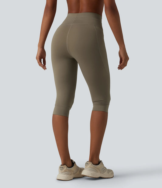 High Waisted Drawstring Plain Yoga Pedal Pushers Leggings with Pockets