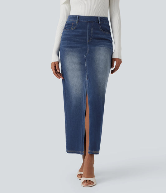 Halara Flex™ High Waisted Washed Denim Straight Maxi Casual Skirt with Pockets