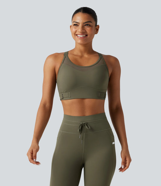 Medium Support Crisscross Back Adjustable Buckle Breathable Mesh Built-in Bra InstantCool Quick Dry Training Sports Bra-UPF50+
