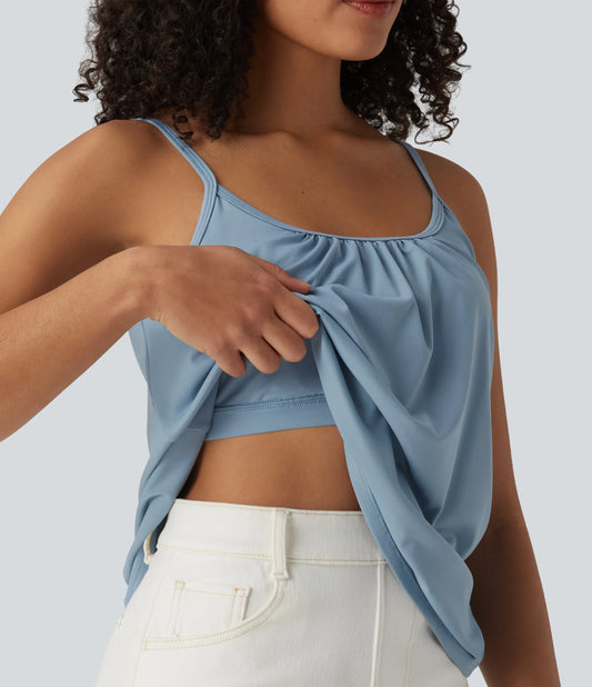 Adjustable Straps Ruched 2-in-1 Built-in Bra Casual Cami Top