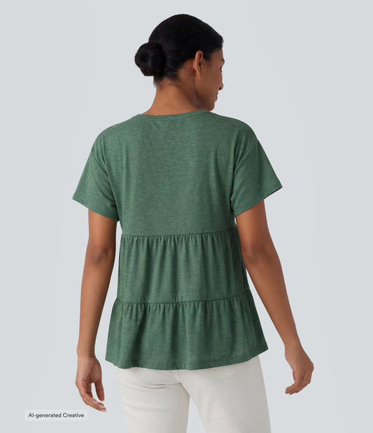 Round Neck Short Sleeve Ruffle Hem Heathered Casual Babydoll T-Shirt