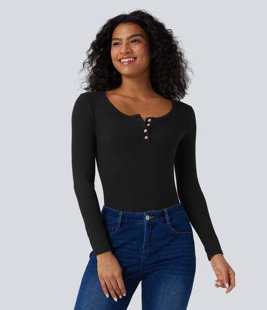 Ribbed Knit Henley Long Sleeve Slim Casual Top