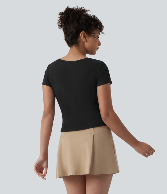 Ribbed Knit Queen Anne Neck Built-in Bra Short Sleeve Casual T-Shirt