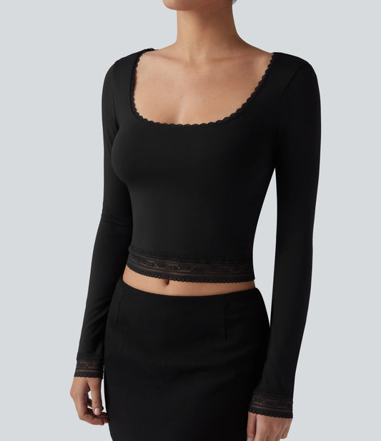 U-Neck Long Sleeve Contrast Lace Work T-Shirt