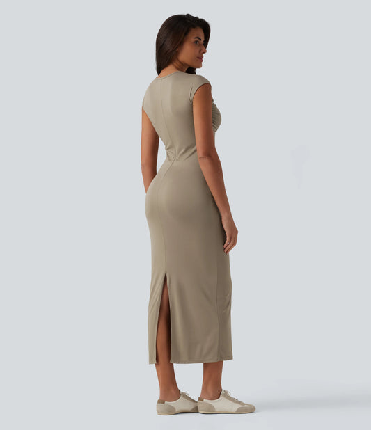 Round Neck Twisted Short Sleeve Split Midi Casual T-Shirt Dress